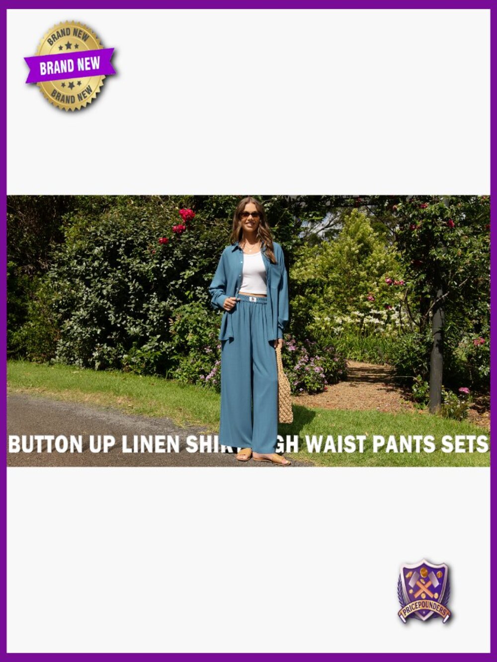 Women's Linen 2 Piece Lounge Set, Button Down & Wide Leg Pants - Picture 7 of 7